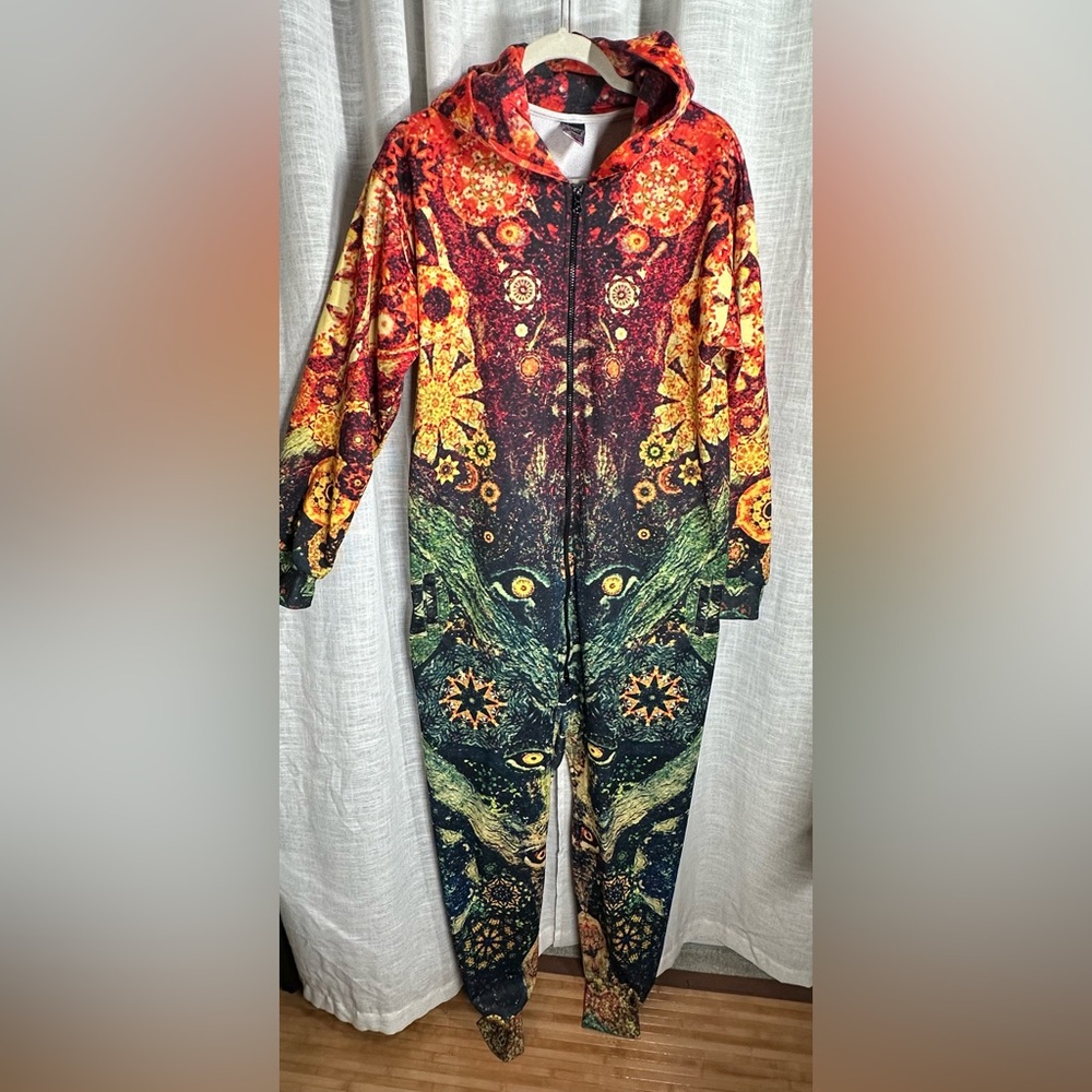 Women's Hooded One-Piece Jumpsuit - Multicolor Galaxy Floral